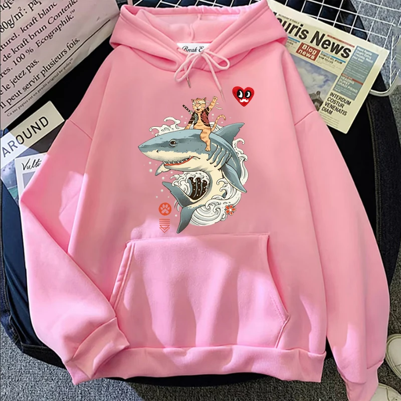 

Funny Cat Harajuku Anime Printing Women Hoodie Polyester Red Eyes Beard Heart Embroidery Pullover Pockets Thin Loose Lady Hoody
