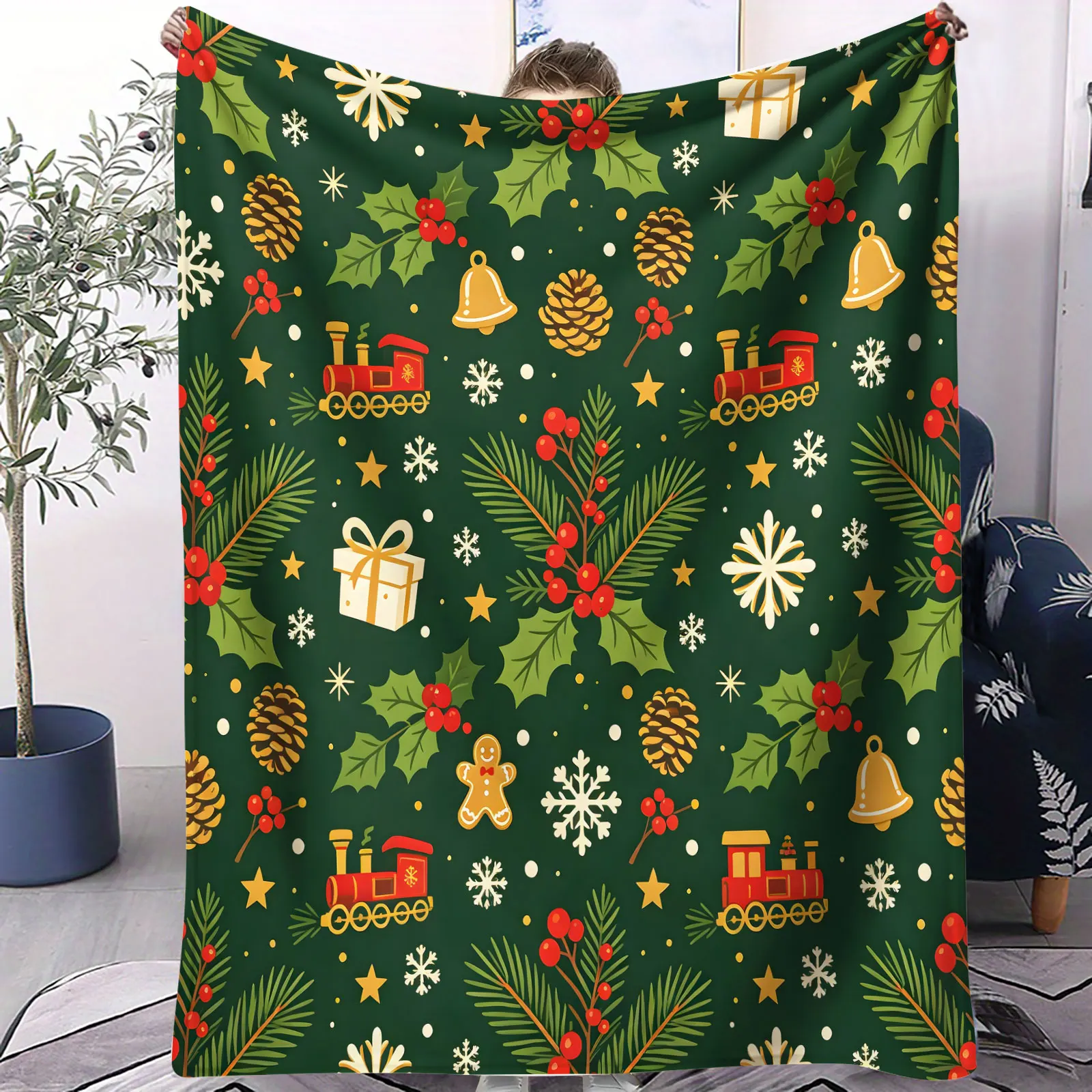 Christmas Flannel Throw Blanket Dark Green Holly Berry Pinecone Bell Snowflake Gift Box Branch Pattern Soft Microfiber Blanket