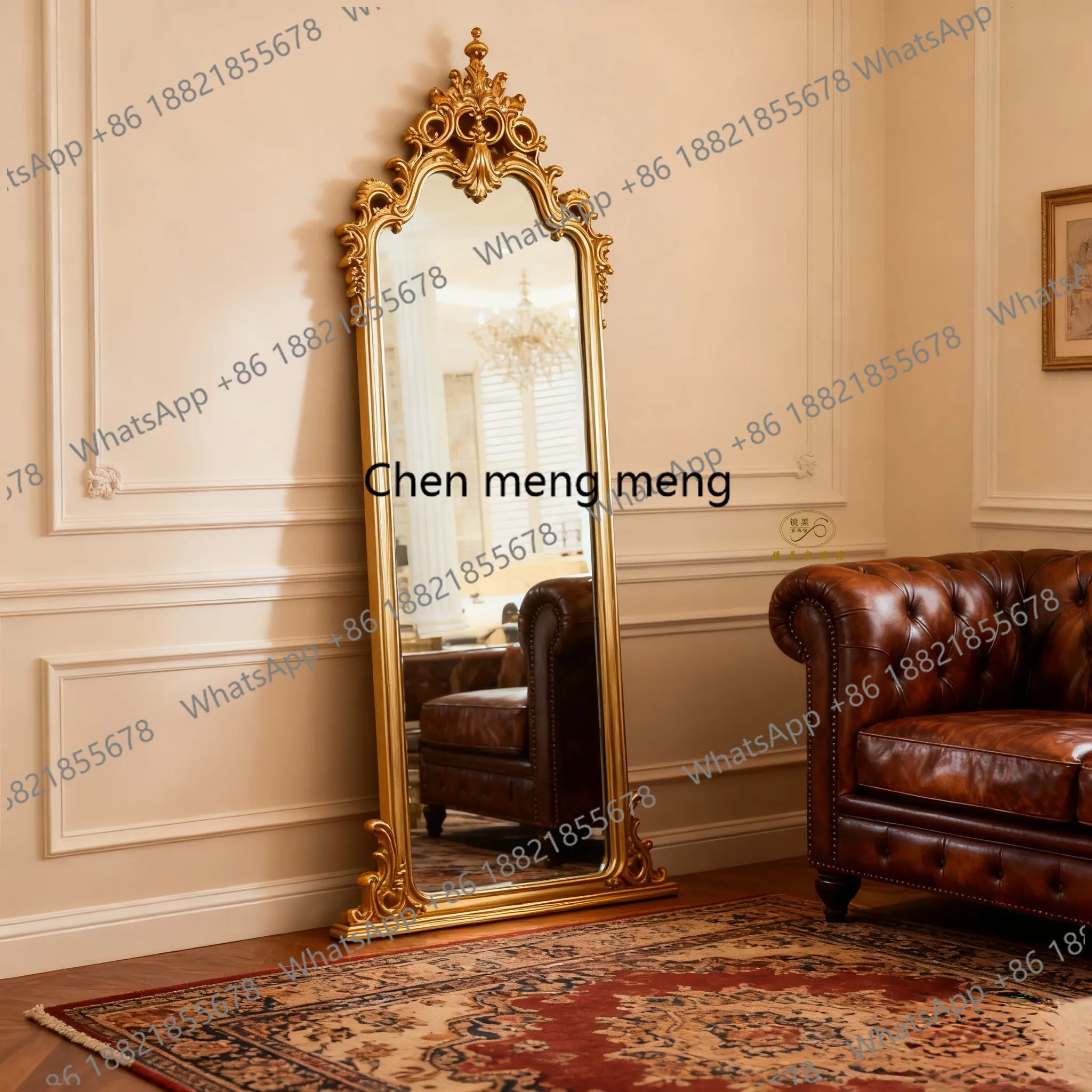 French Retro Carved Full-Length Mirror for Bedroom, American Style Home Cloakroom, Carved Dressing Mirror