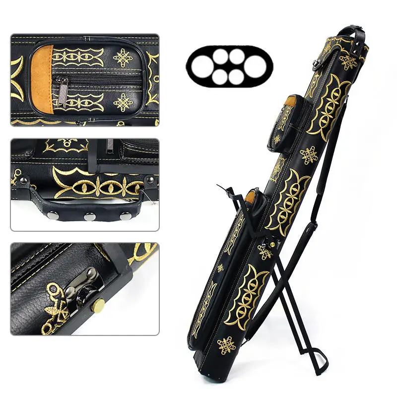 

High Class Golden Embroidery Design Black 2B4S Leather 1/2 Billiard Pool Cue Standing Case Box Bag 6 Holes