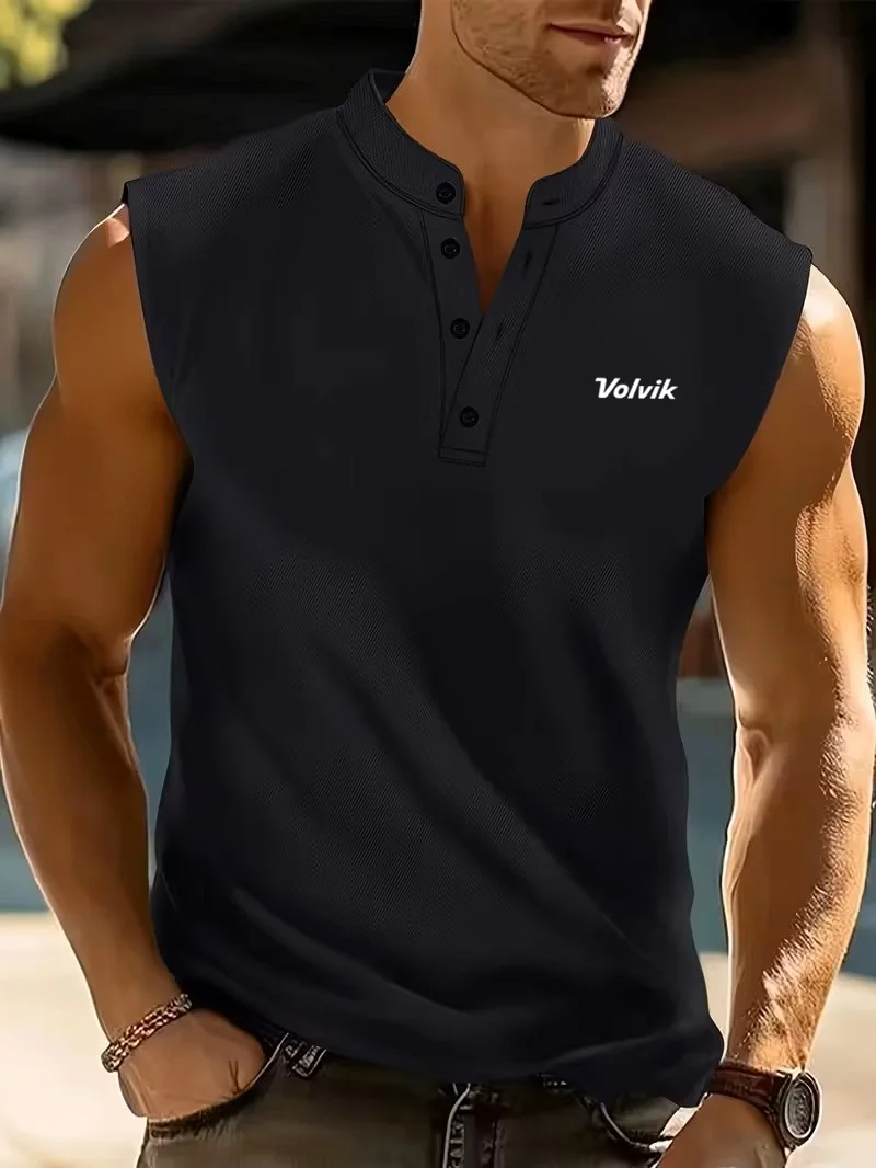 Men's Henry Collar Sleeveless T-Shirt Solid Color Sports Vest Shoulder Pad Enhanced Slim Fit Summer Breathable Casual Top