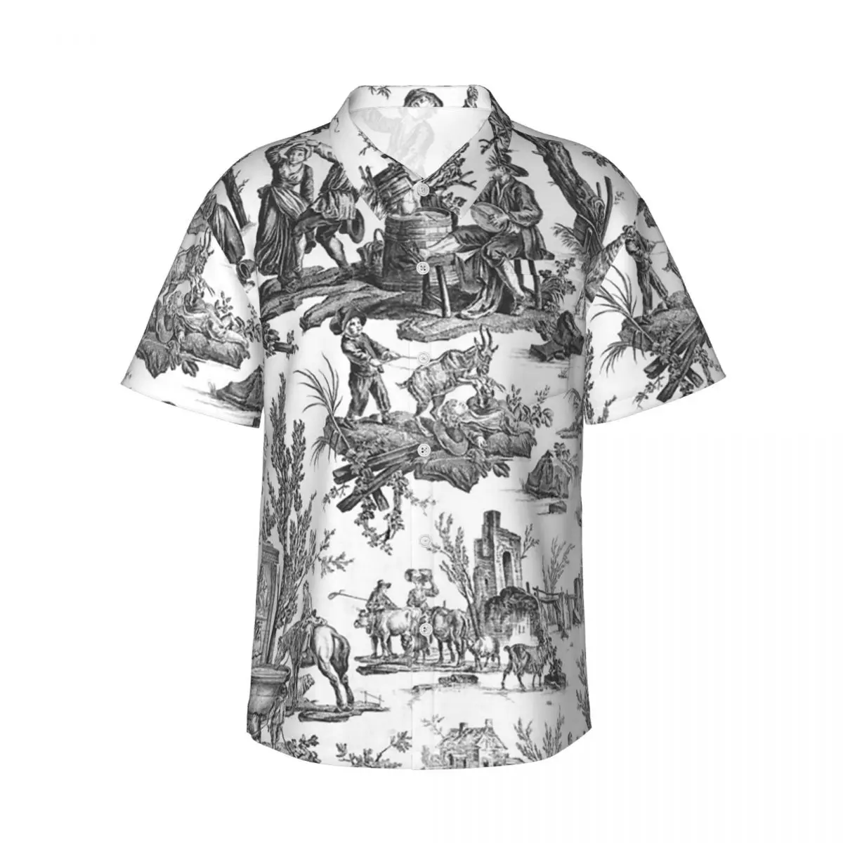 

Винтажный французский мотив Toile De Jouy (1) мужские рубашки, гавайская рубашка с коротким рукавом, модные топы с лацканами для летнего пляжа