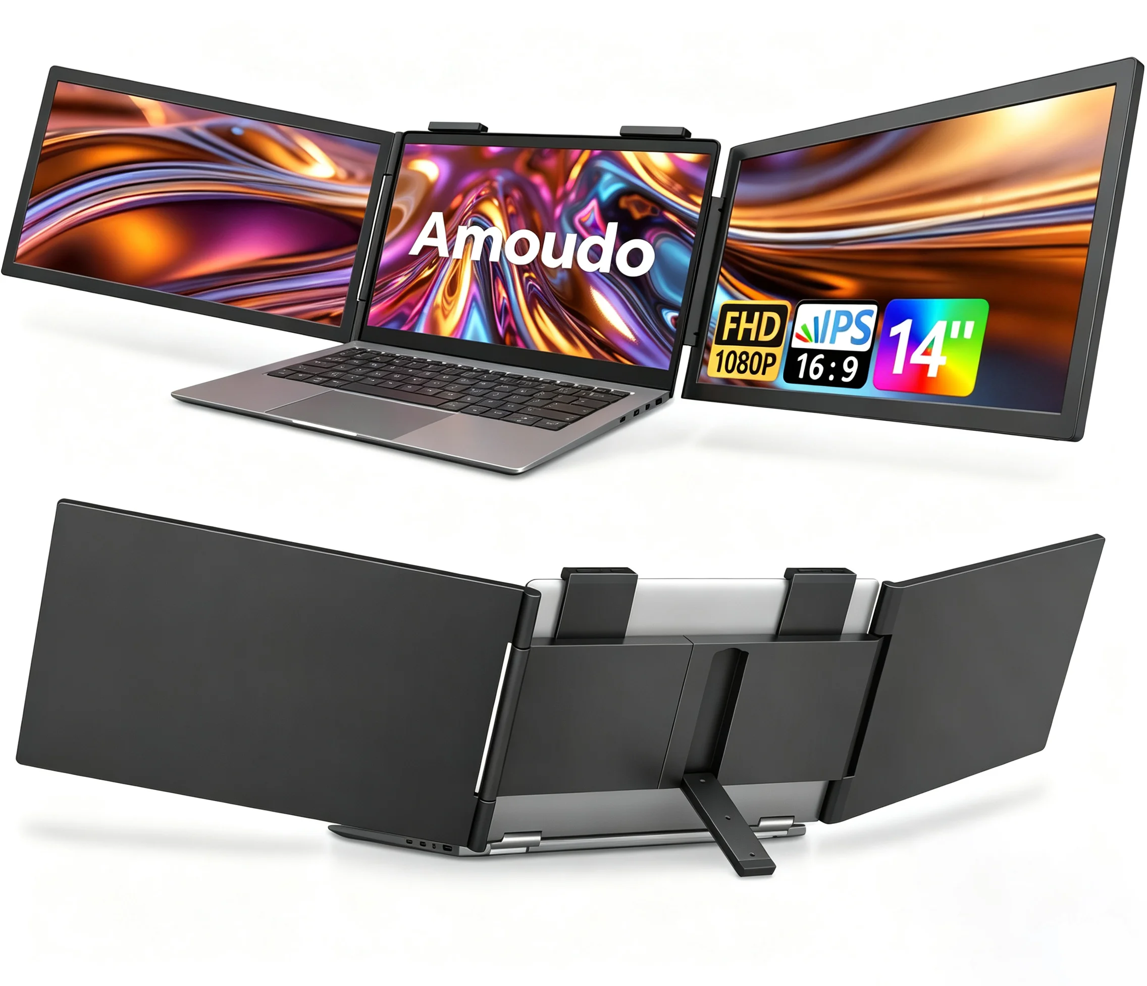 Amoudo 14 inch 1920*1080P 60Hz Triple Laptopmonitor IPS Draagbare Triple Monitor met USB-C poort voor 14-16,5 inch laptops Windows/Mac Xbox