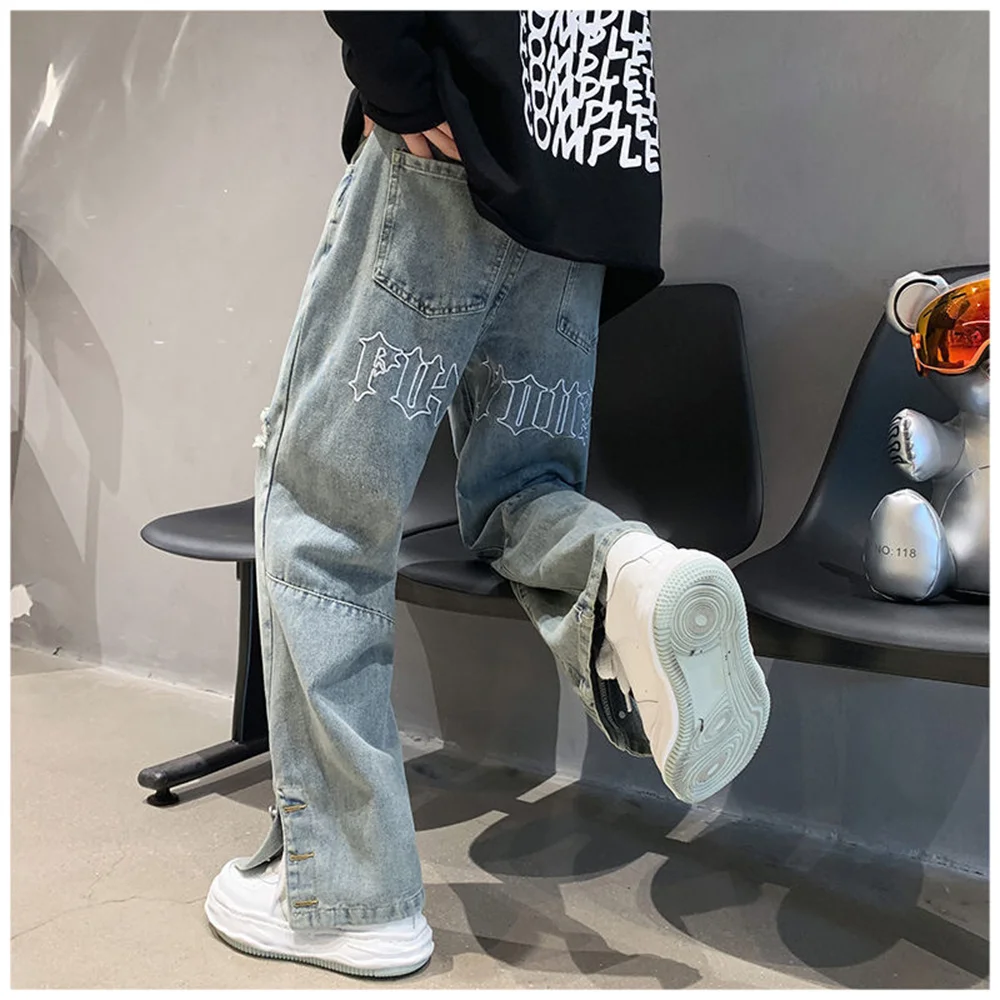 High Street Ripped Jeans Mannelijke Ins Tide Merk Hip-Hop Wijde Broek Zomer Dunne Gedeelte Straight Losse casual Oude Broek Mannen