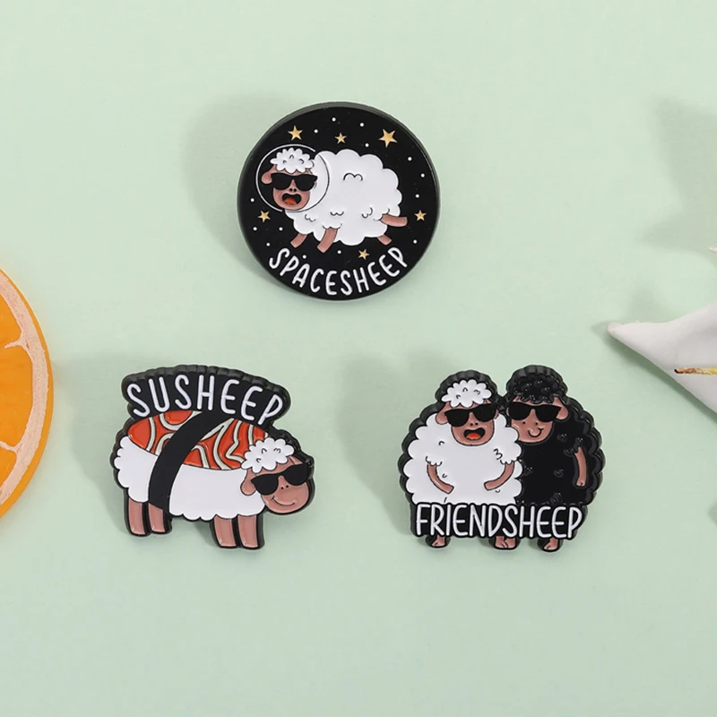 Funny Sheep Pun Enamel Pins Friendsheep Spacesheep Susheep Cute Animal Brooches Lapel Badge Fashion Jewelry Gifts for Friends