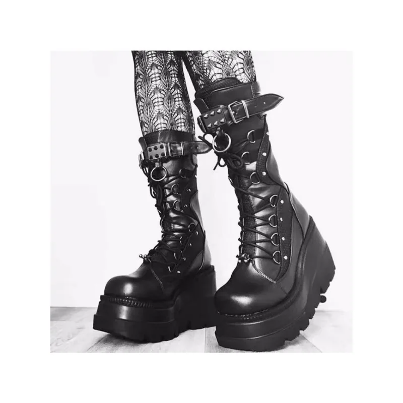 Women High Boots Cosplay Mid-calf Boots High Platform Wedges Boots 2023 Autumn Winter New Designer Gothic Shoes for Women Botas