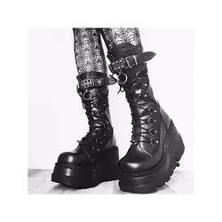 Botas altas de media pantorrilla para mujer, zapatos de cuña de plataforma alta, zapatos góticos de diseñador, otoño e invierno, 2023