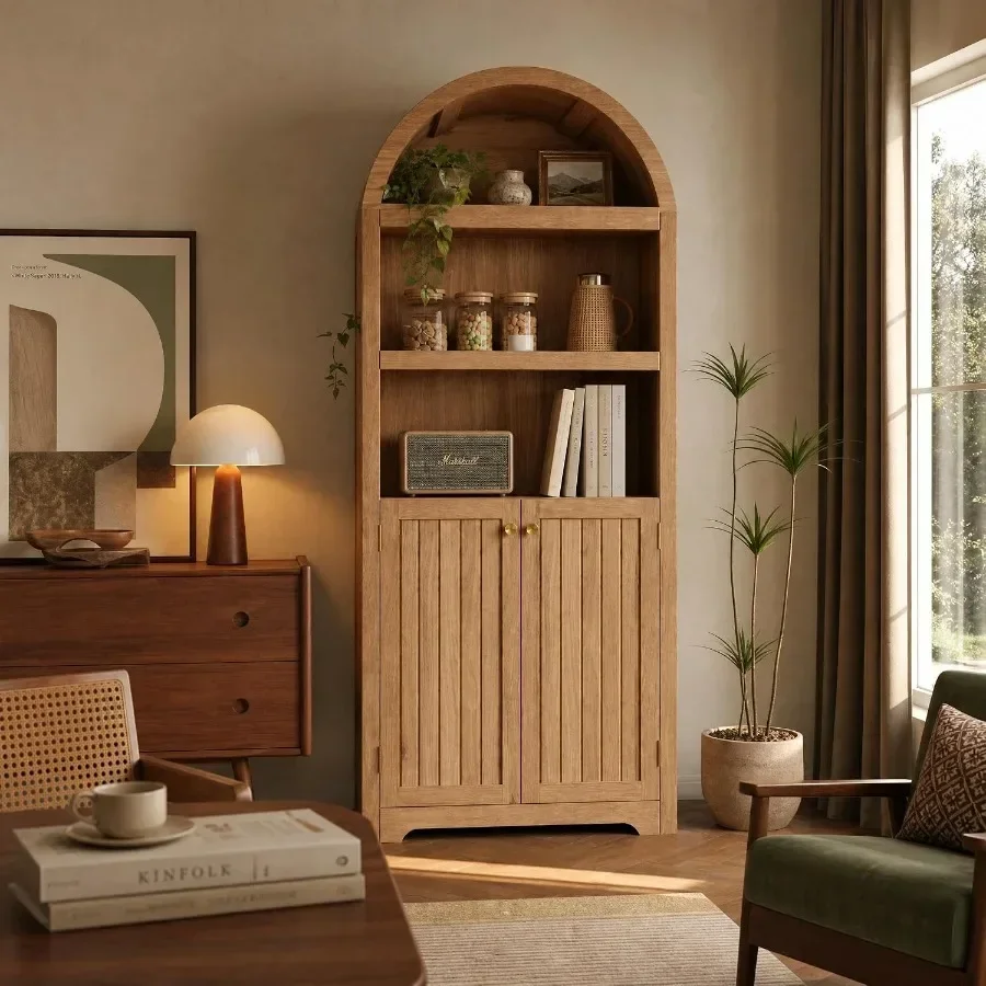 5-Tier Arched Bookshelf with Door, 72 Inch Tall Bookcase Cabinet