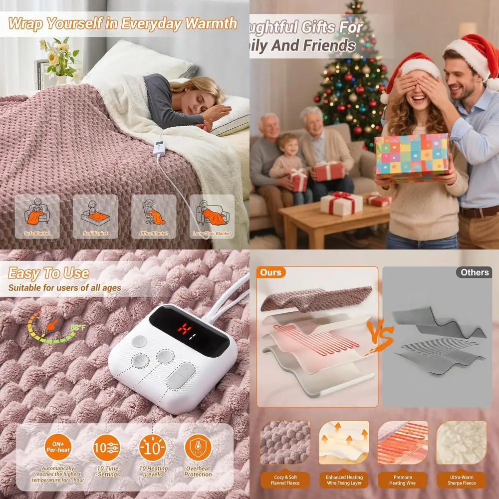 

Full Size 72x84 Electric Heated Blanket, 10 Heat Levels, 10-Hour Auto Off, Soft Fleece, Machine Washable, Pink