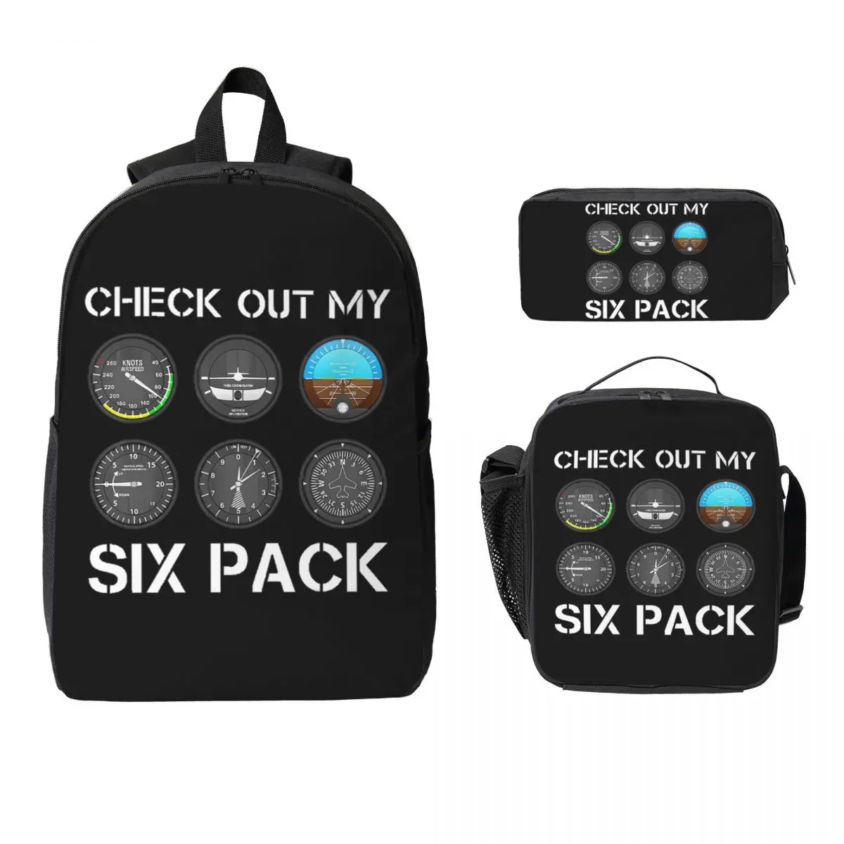 Funny Pilot Top Airplane Six Pack Flight Instruments Backpack Boys Girls BookBag School Bag 3ps Insulated Lunch Bag Pencil Case
