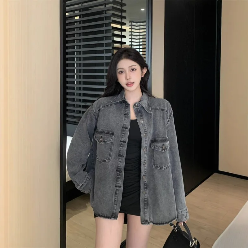 

Casual Women Cowboy Coats Jackets Retro Autumn New Style Vintage High Street Loose Leisure Versatile Women's Clothing Black Ash