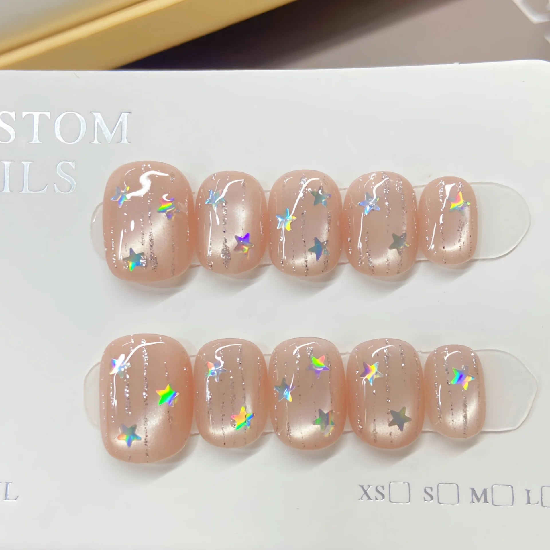10pcs Wearable Press on Nails Art Pink Cat's Eye Short Square Round False Nails Tips Cute Star Sequin Design Fake Nail Finished