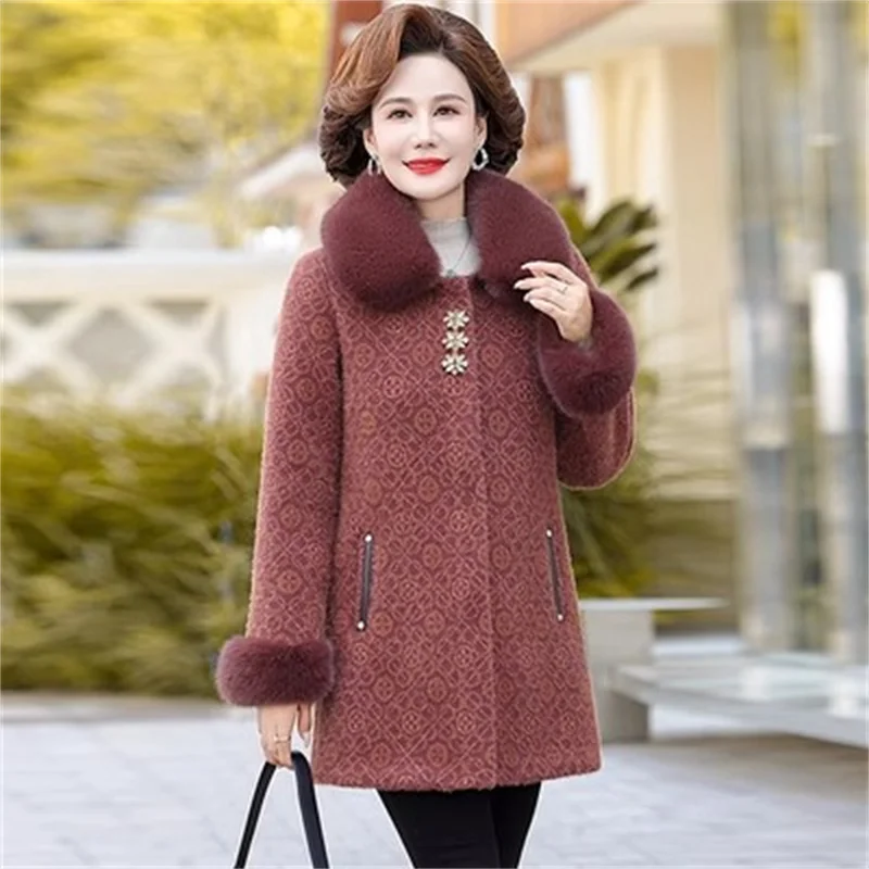 Middle Aged Mother\'s Fur Collar Woolen coat Winter Coat Plush Thickened New Autumn Plaid Coat For Middle-Aged And Elderly Women