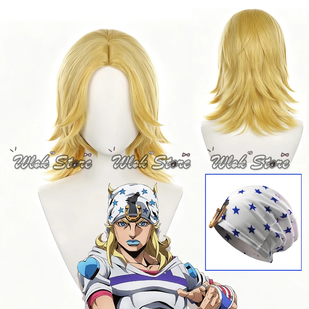 Anime Johnny Joestar Cosplay Wig Golden Blonde Synthetic Hair Star Print Turban Hat With Horseshoe Badge Halloween Party Props