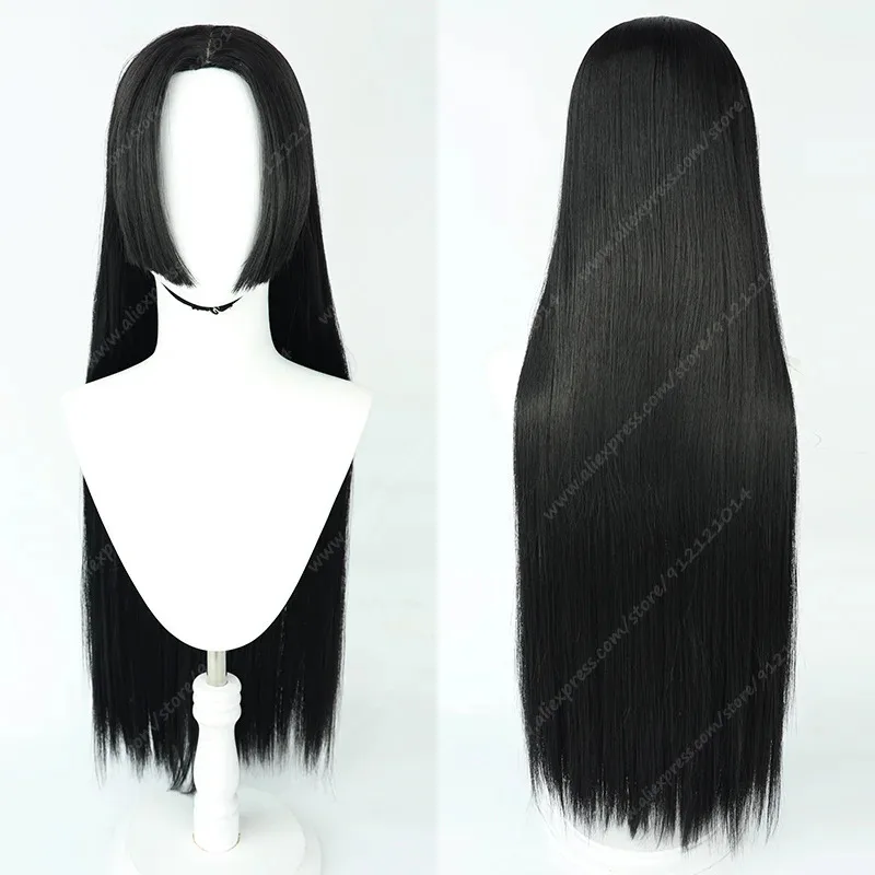 بوا هانكوك شعر مستعار تأثيري أنيمي بوا هانكوكو تأثيري على غرار شعر مستعار أسود طويل مع أقراط مقاومة للحرارة الشعر الاصطناعية + غطاء شعر مستعار #4