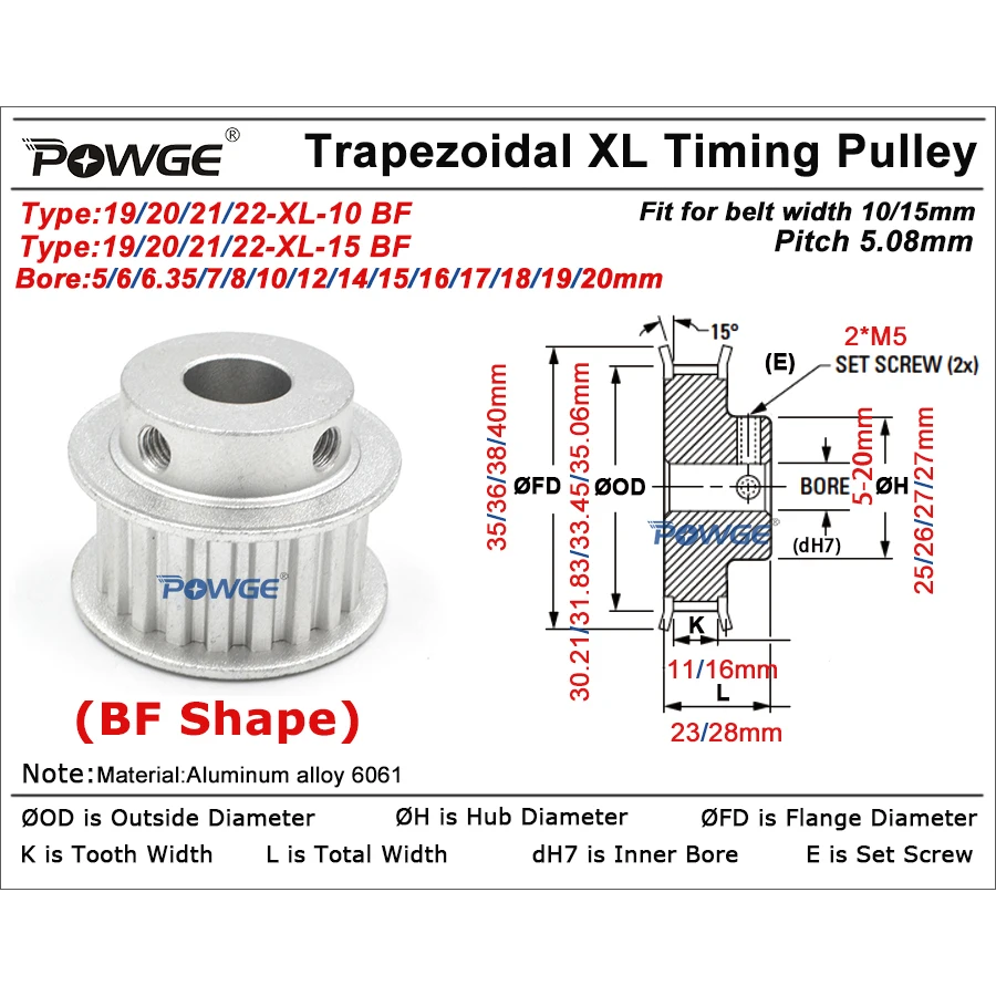 POWGE 19 20 21 22 Zähne XL Zahnriemenscheibe Bohrung 5/6/6,35/7/8/10/12/14/15/16/17/18/19/20 mm für Riemenbreite 10/15 mm 19T 20T 21T 22T