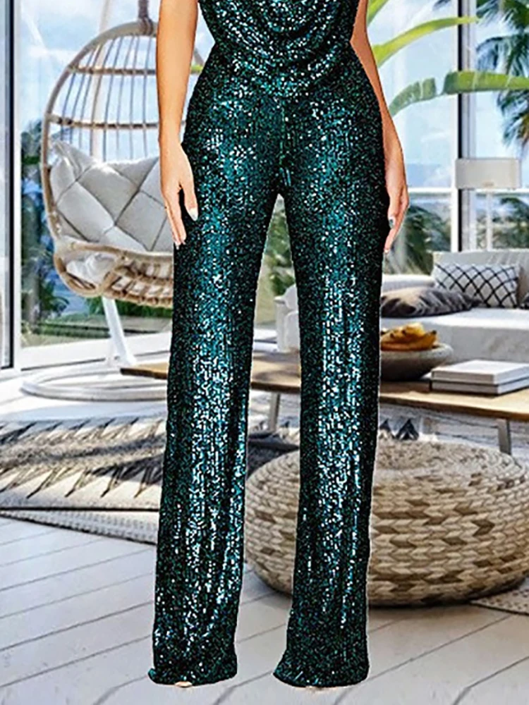 Elegante tecido de lantejoulas feminino profundo decote em v perna larga macacão halterneck sem mangas moda brilhante festa noite clubwear macacão