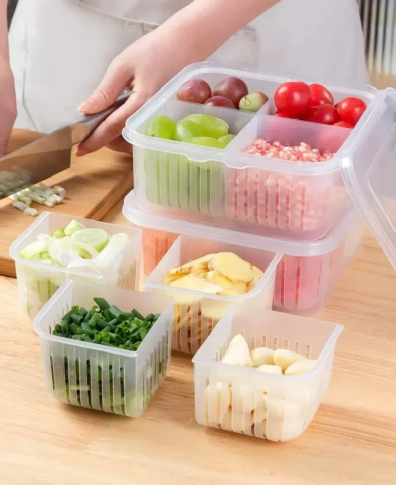 2025 nueva cocina caja de mantenimiento fresco de verduras refrigerador cebolla jengibre ajo caja de drenaje almacenamiento de alimentos conservación de alimentos de plástico S