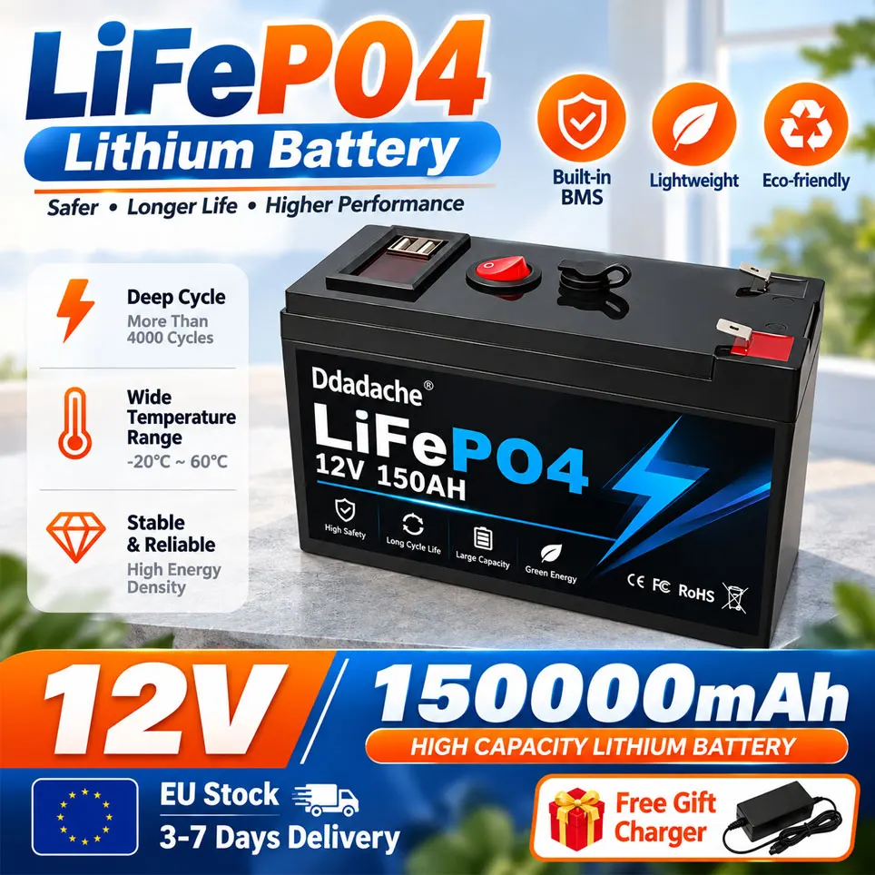 12V 150Ah LiFePO4 Lithium-Batterie mit integriertem BMS, 4000+ Tiefentladungen, Polen-Lager, für Solarpanel, USV, Kajak, Fischfinder, Radio