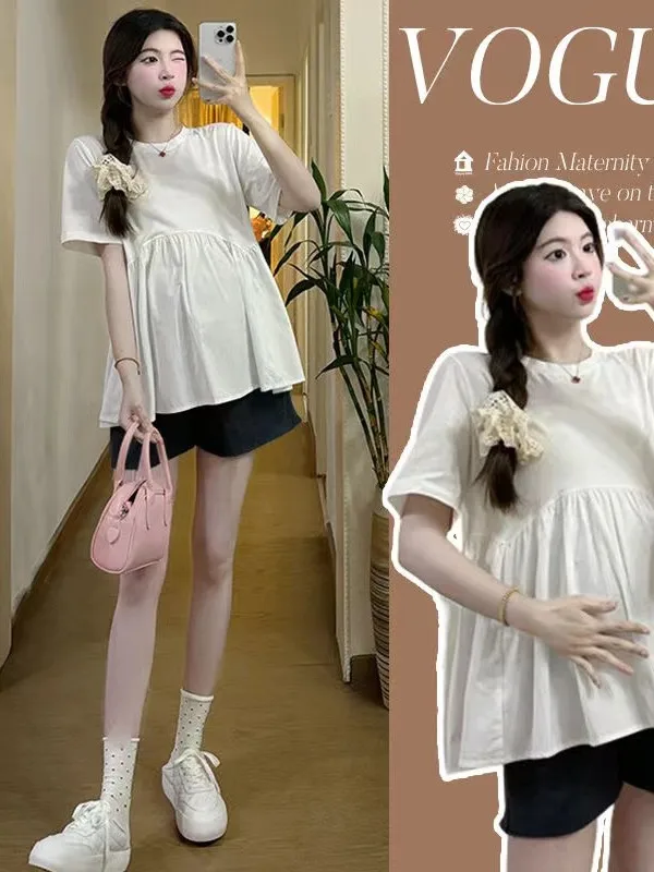 マタニティ夏服ファッショナブルな薄手のショートパンツトップセットプラスサイズお腹カバー痩身ツーピース韓国風妊娠服