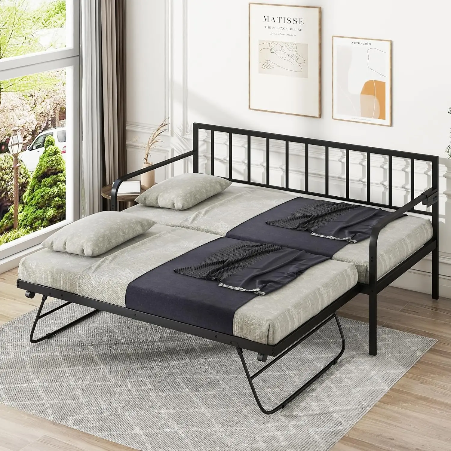 Elegant Silver Adjustable Twin Metal Daybed with POP Up Trundle Charging Station & LED Lights Living Room Bedroom Guest Room