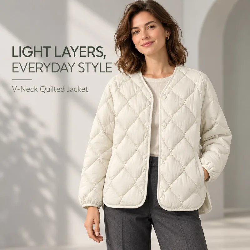Women's Lightweight Down Jacket V Neck Quilted Coat Snap Front Pockets Autumn Winter Layering Outerwear M-3XL