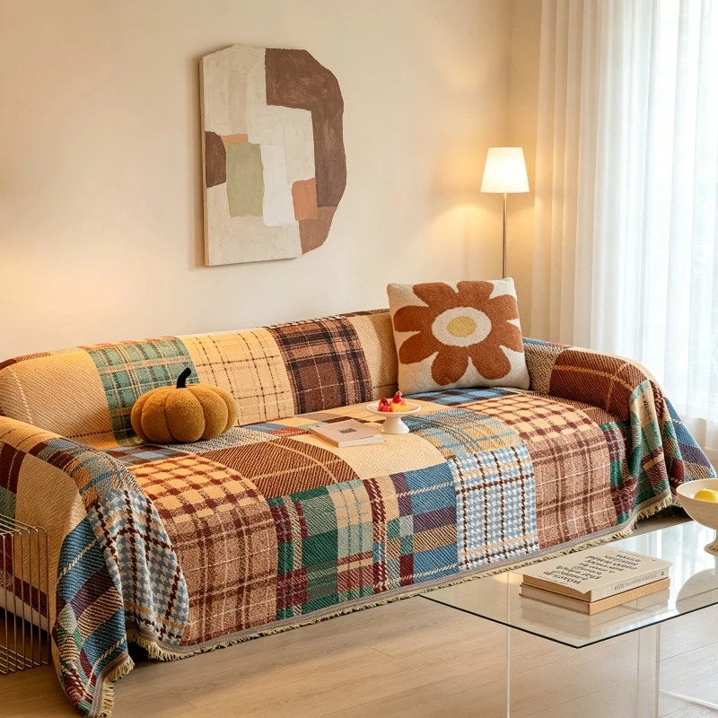 Grid Style Sofa Cover Dust-Proof Sofa Blanket Suitable For All Seasons Double-Sided Pet Friendly Living Room Home Decoration