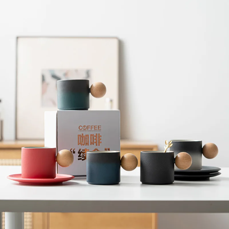 Ceramic coffee cup and saucer set mug black pottery gradient ceramic cups Nordic simple high-value cups