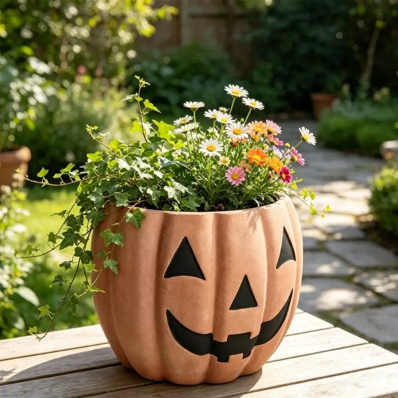 Resin Pumpkin Flower Pot with Textured Face for Entryway Foliage Display, Tabletop Accent, Shelf Placement and Fall Home B03E