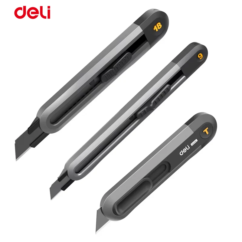 Deli Utility Knife 9mm 18mm Snap-off Utility Knife Retractable Box Cutters High Carbon Steel Blades for Office and Home Use
