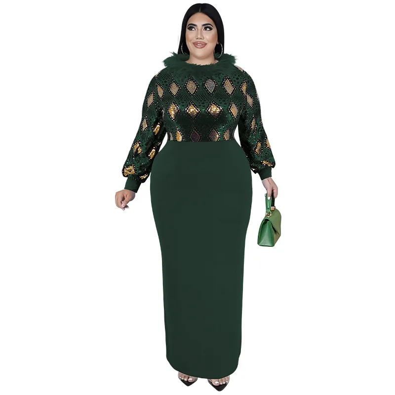 Elegant Luxury Autumn Women Evening Dresses Fur Collar Long Sleeve Plus Size Patchwork Maxi Dress Evening Party Clothings Robes