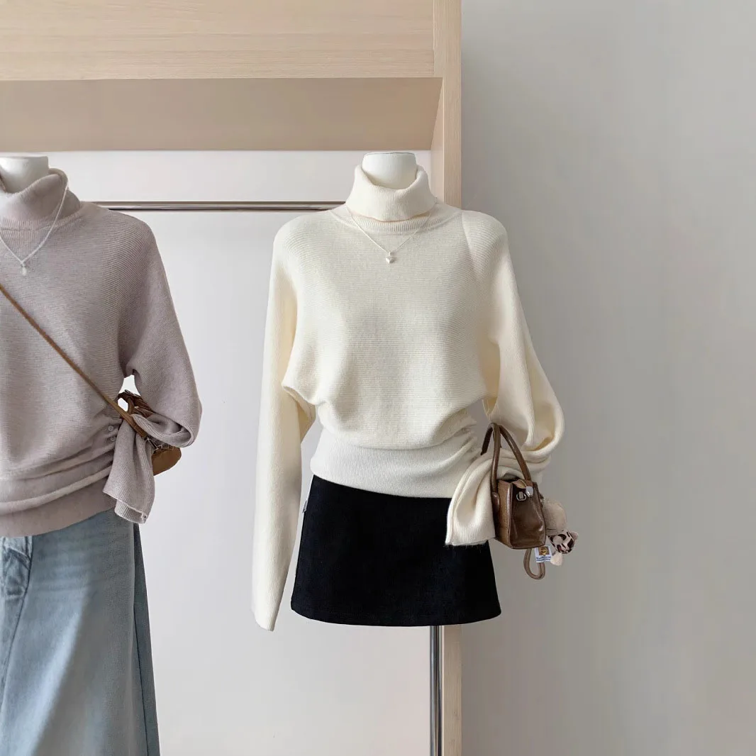 

Women Turtleneck Batwing Sleeve Knit Pullovers Autumn Winter Korean Style Color Solid Chic Simple Waist Slimming Sweaters