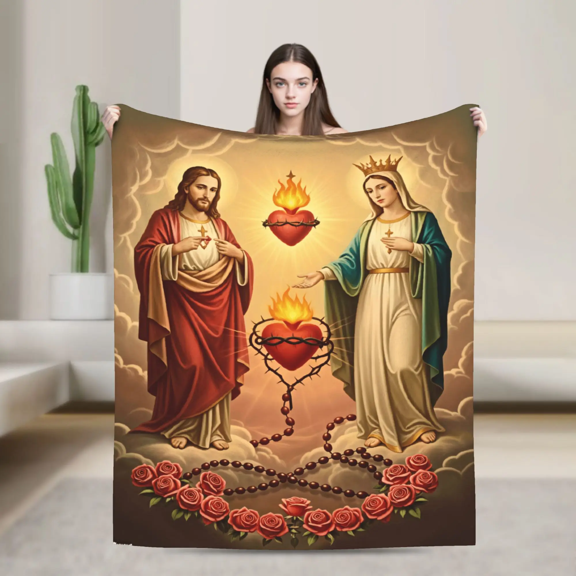 Sacred Heart of Jesus and Immaculate Heart of Mary Flannel Blanket Kids Adults  Warm Soft Throw Blanket Spring Sofa Bed Cover