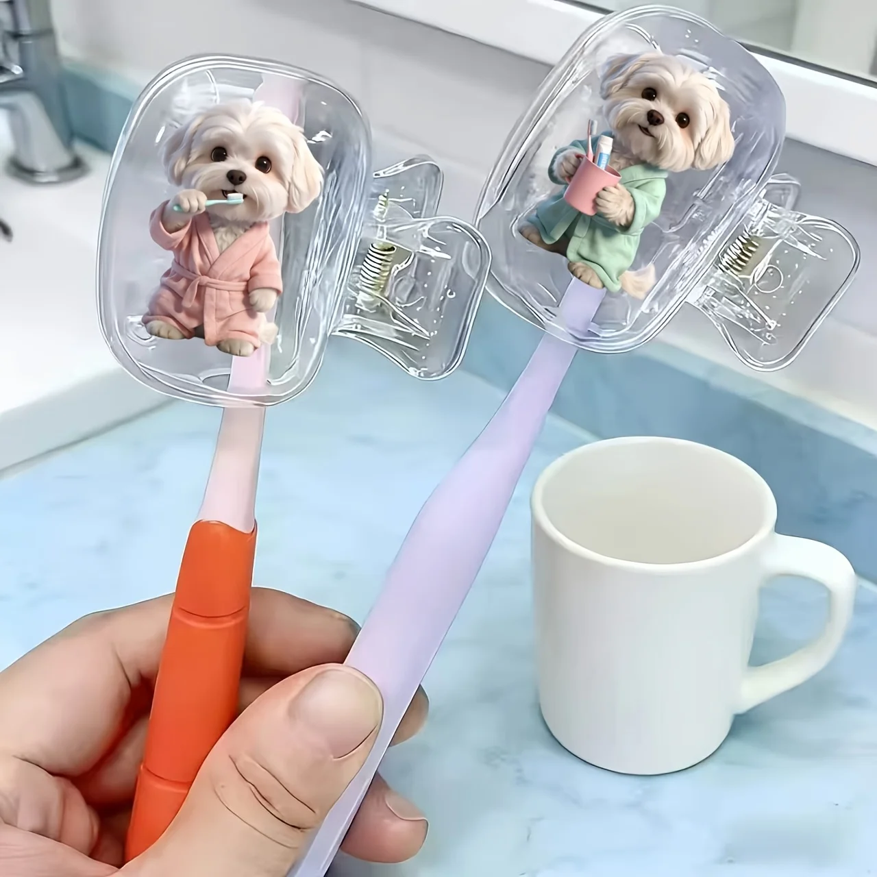 2pcs Maltese Dogs Holding Toothbrush And Cup Toothbrush Head Cover Travel Toothbrush Holder Home Organization Travel Essentials