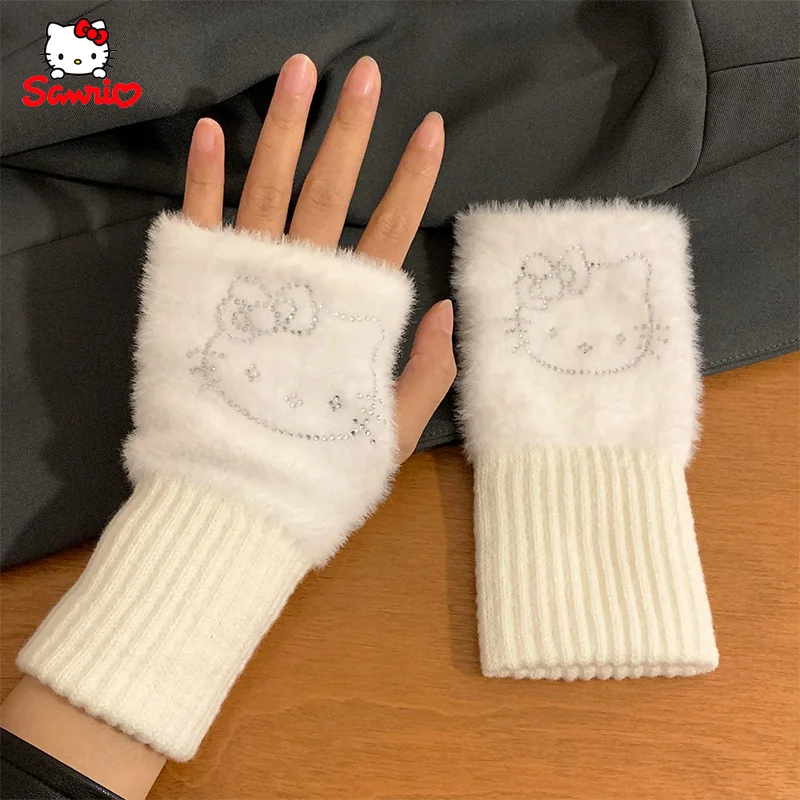 Kawaii Sanrio Hello Kitty Handschoenen Pluche Half Vinger Handschoenen Voor Vrouwen Winter Warme Zachte Breihandschoenen Accessoires Kerstcadeaus