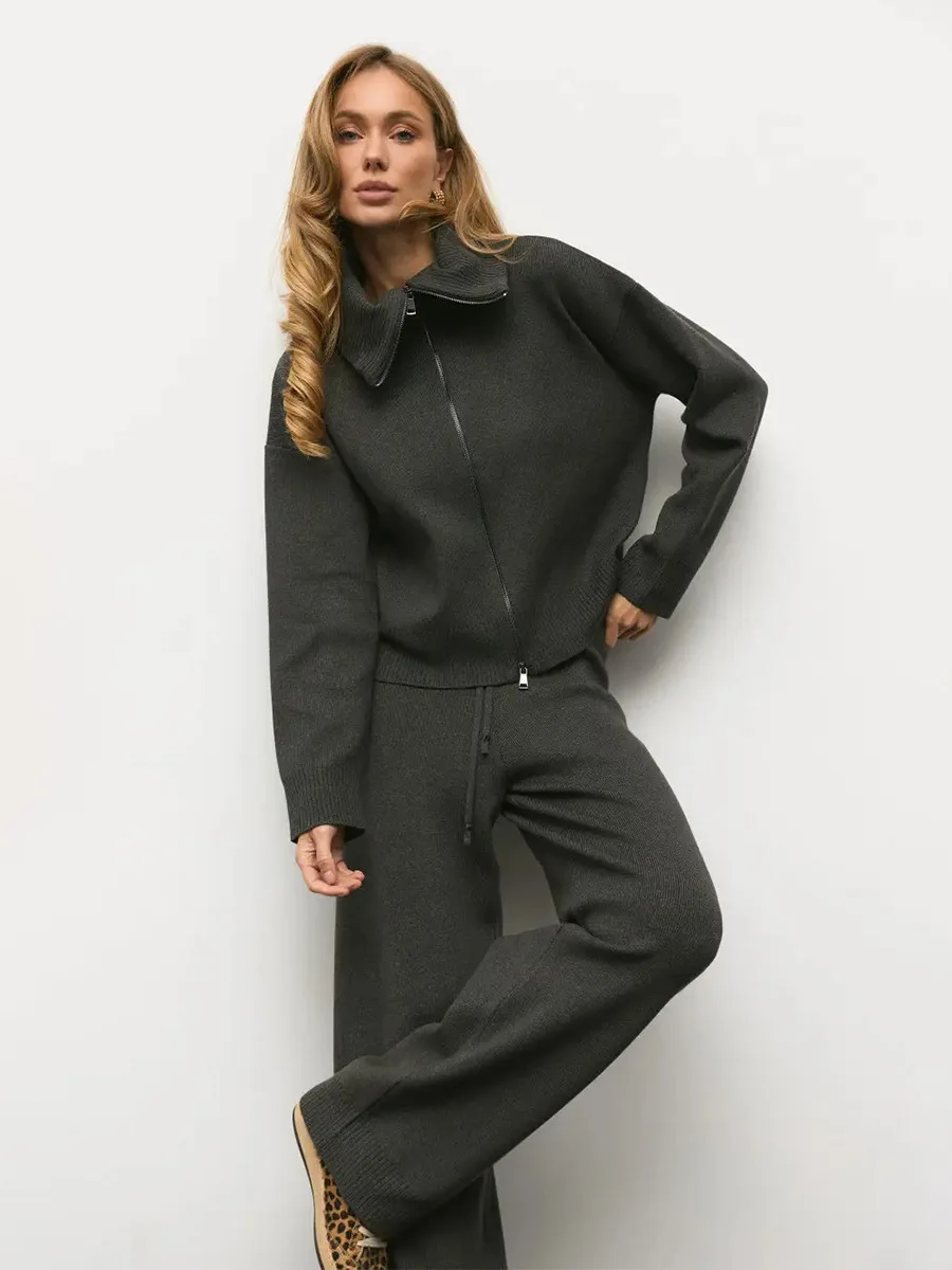 MsChuh Women's Matching Sets Ropa Mujer Zip Up Collar Knit Top And Wide Leg Pants Solid Two Piece Outfit For Casual Daily Travel