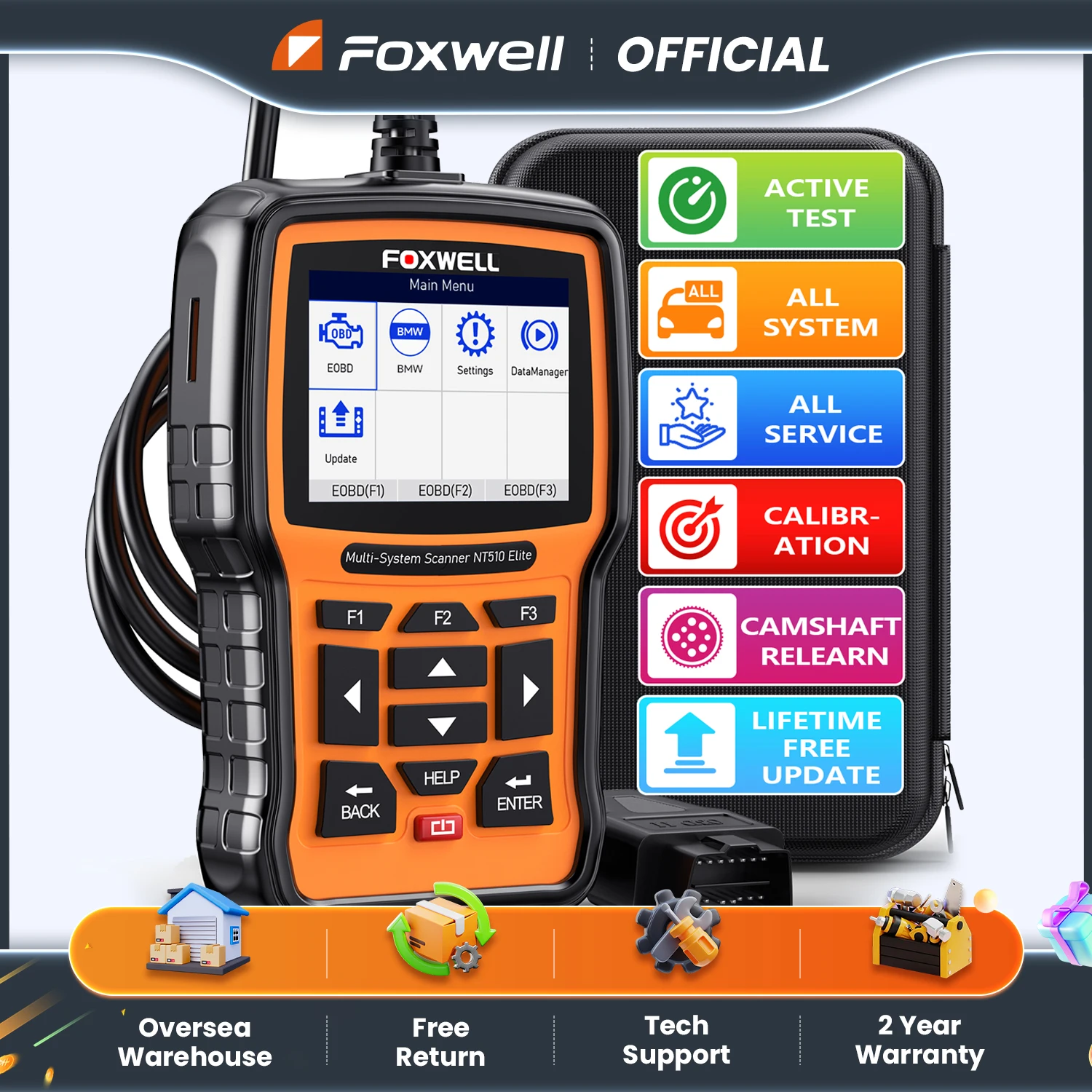 FOXWELL NT510 Elite OBD2 Car Diagnostic Tool Bi-directional Control All System Code Reader 30+ Reset Professional Auto Scanner