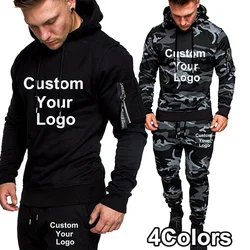 Ensemble de survêtement de sport imprimé camouflage pour hommes, sweats à capuche College camouflage, manteau et pantalon, vêtements de sport trempés, course en plein air, ensembles de jogging, logo personnalisé, automne