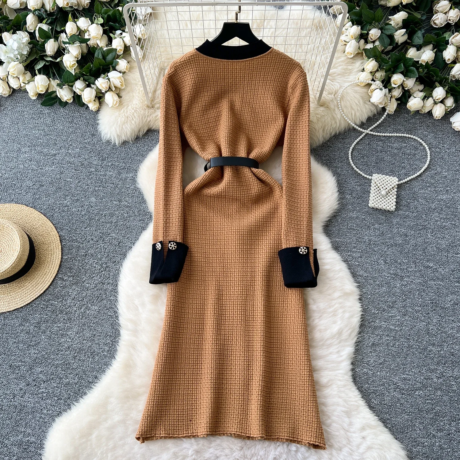 Elegant Long Sleeves Vintage O-neck Chic Single Breasted Sashes Slim Knit Long Dresses Office Lady High Street Winter Clothing