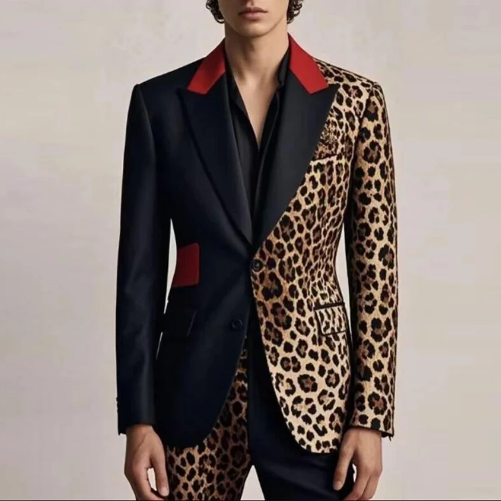 

Leopard Splicing Wedding Tuxedo Customized Groom Peaked Lapel Prom Male Birthday Party Jacket Black Pants 2 Pieces Suits Men