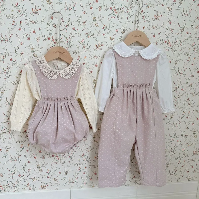 Summer Infant Romper Baby Girls Suspender Jumpsuit/Twisted Pink Floral Denim Jumpsuit/Sister Outfits