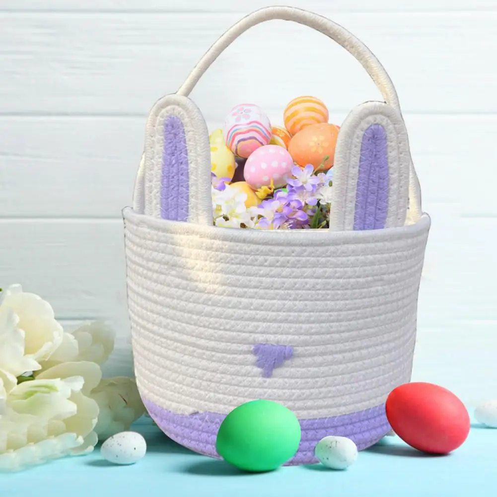 Easter Storage Basket Easter Bunny Ears Hand Basket Sweet Color Matching Knitting Round Storage Bucket for Baby Shower Wedding