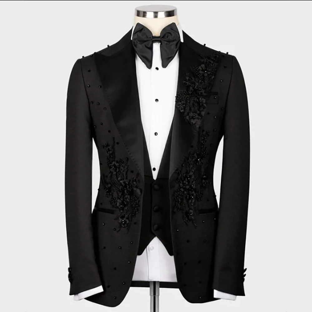 Groom Tuxedo Flower Patterned Jacket Vest Pants 3 Pieces Wedding Suits For Men Tailor-Made Male Fashion Blazer Prom Blazer Set