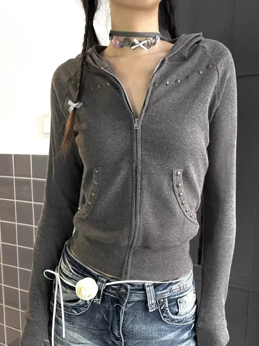 

Preppy Style Vintage Rivet Slim Fit Harajuku Hoodies Casual Solid Hooded Jacket Y2k Aesthetic Women Grunge Zipper Sweatshirt 90s