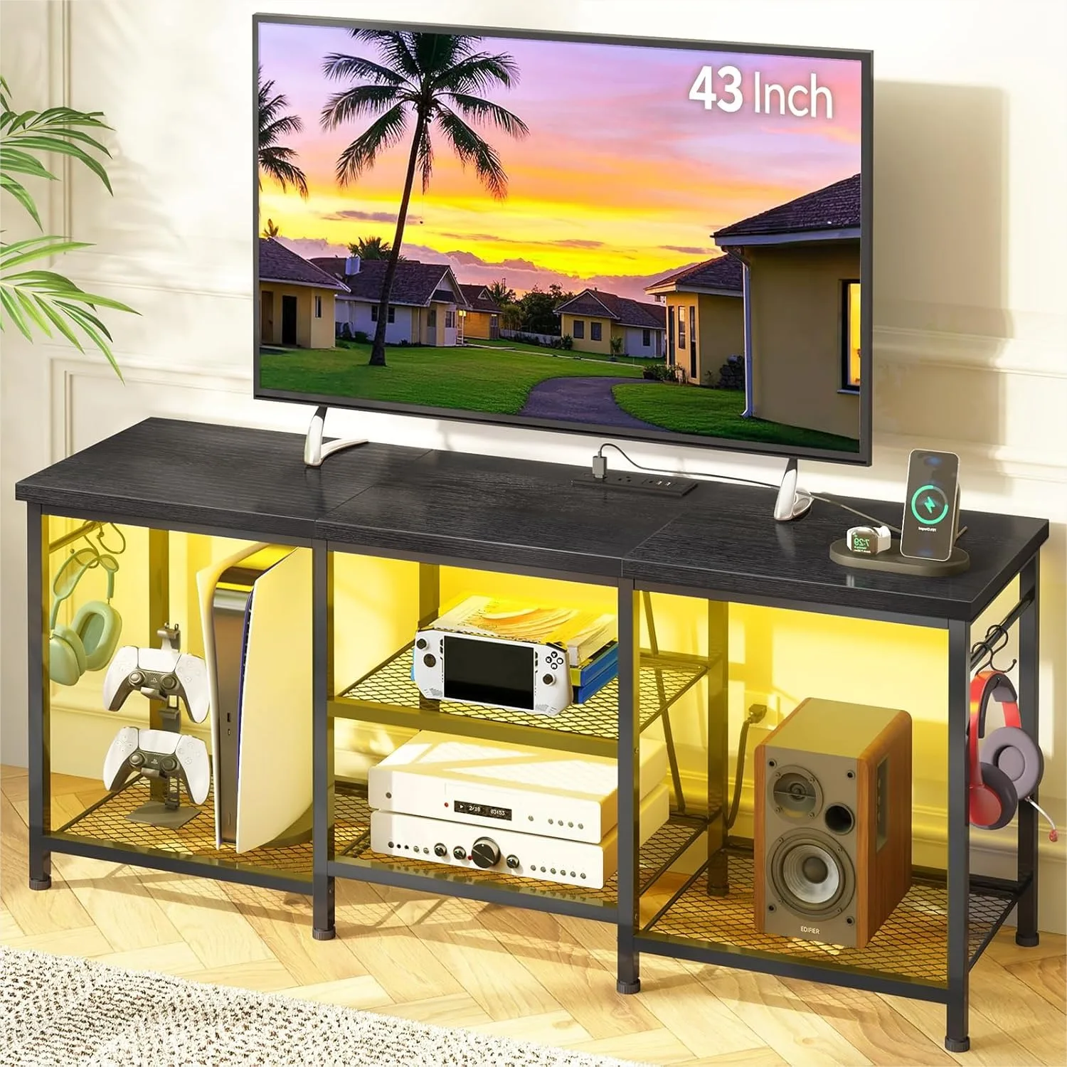 

Black Entertainment Stand for Up to 55 Inch TVs with Outlet and LED Lights, Open Storage Shelves TV Console for Living Room
