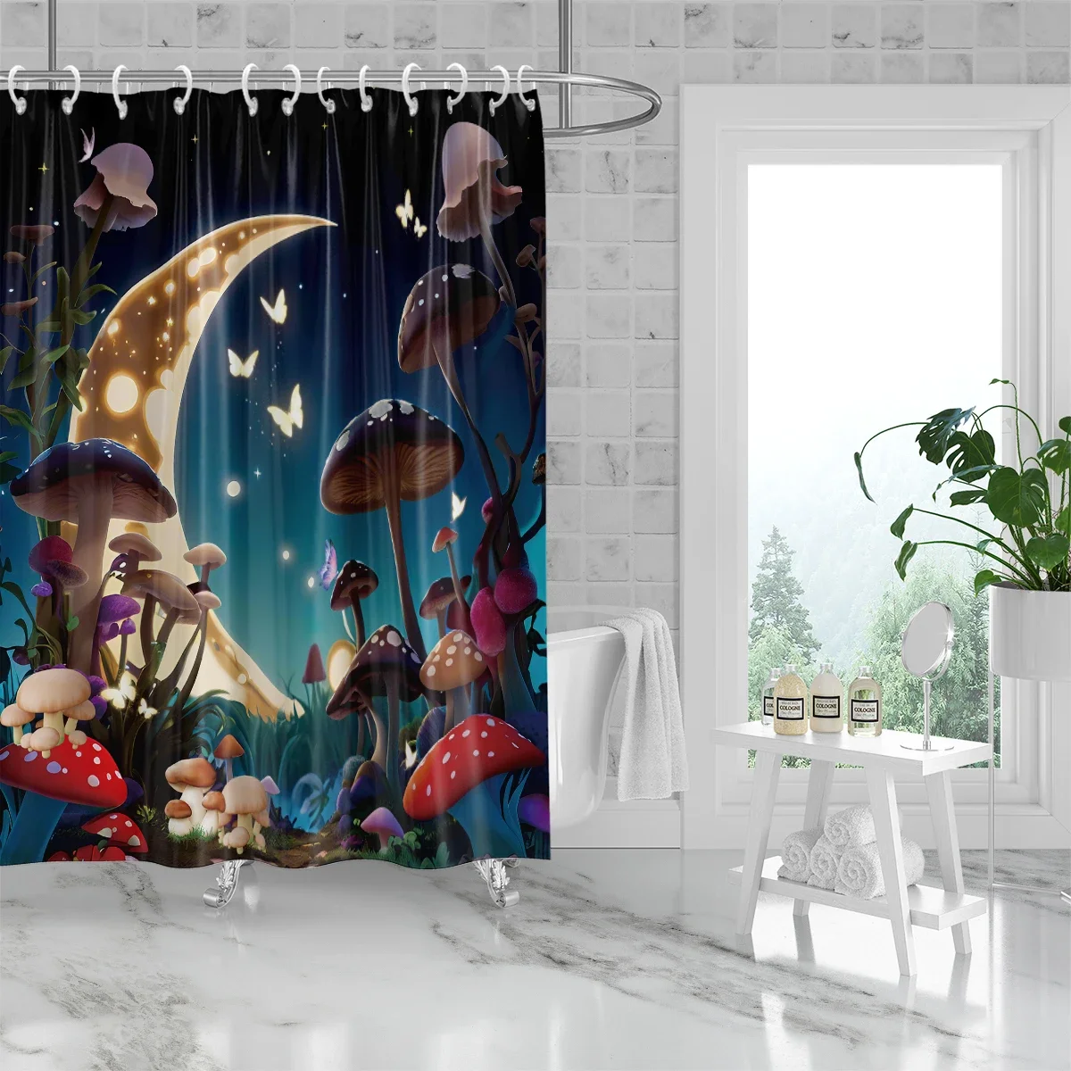 1 piece 180x180cm mushroom moon starry sky butterfly printed shower curtain partition bathroom waterproof and mildew proof