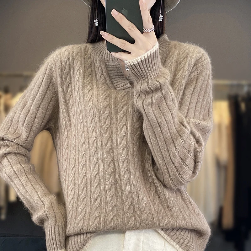 RONGNI brand 100% pure Mink Wool sweater, fashionable and minimalist, computer knitted O-neck, long sleeved women\'s new pullover