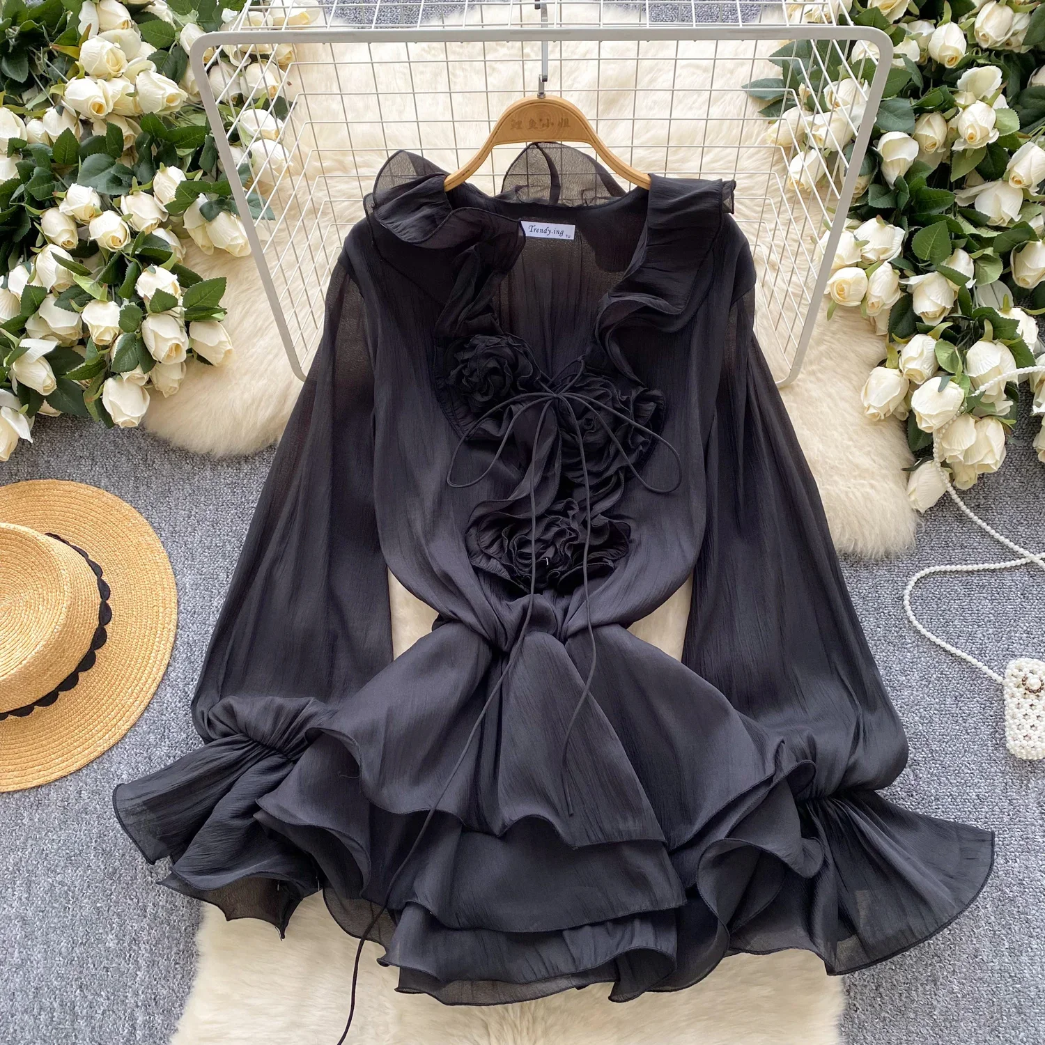Nuovo abito corto da spiaggia floreale 3D maniche lunghe femminile con lacci volant in chiffon torta vestito estivo abito bohemien vintage sexy trasparente