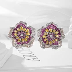 SENYU Luxury Big Flower CZ Earrings Yellow Color Waterdrop Crystal Stone Dubai Large Studs Jewelry for Wedding Bride