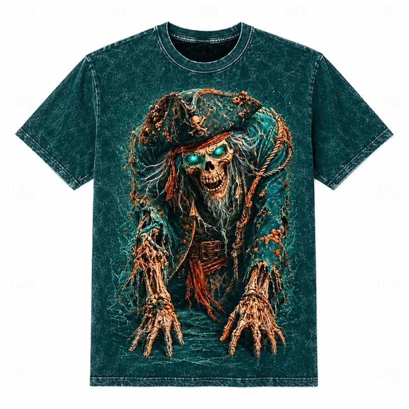 New Men's Halloween T-Shirt Grim Reaper Skull Print Stylish Crew Neck Short Sleeves Loose Fit Street-Style Holiday Party Top